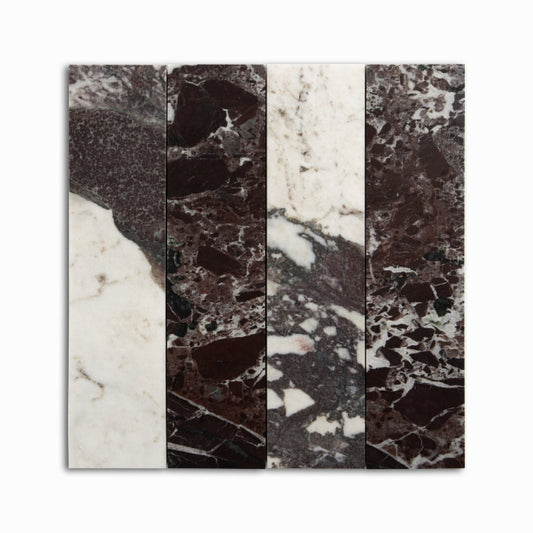Strata Striped Marble Mosaic in Calacatta Viola & Rosso Levanto 3" x 12"