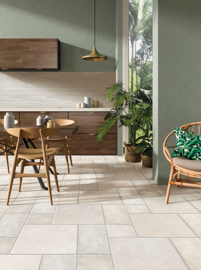 Modern kitchen with beige porcelain wall tiles and floor tiles
