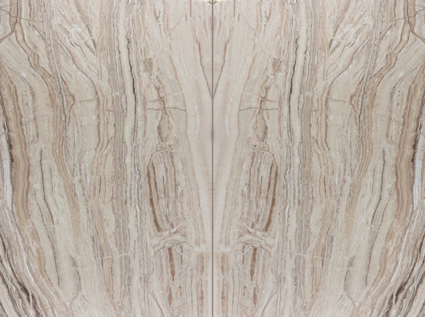 Close-up of a travertine slab with beige and brown veining