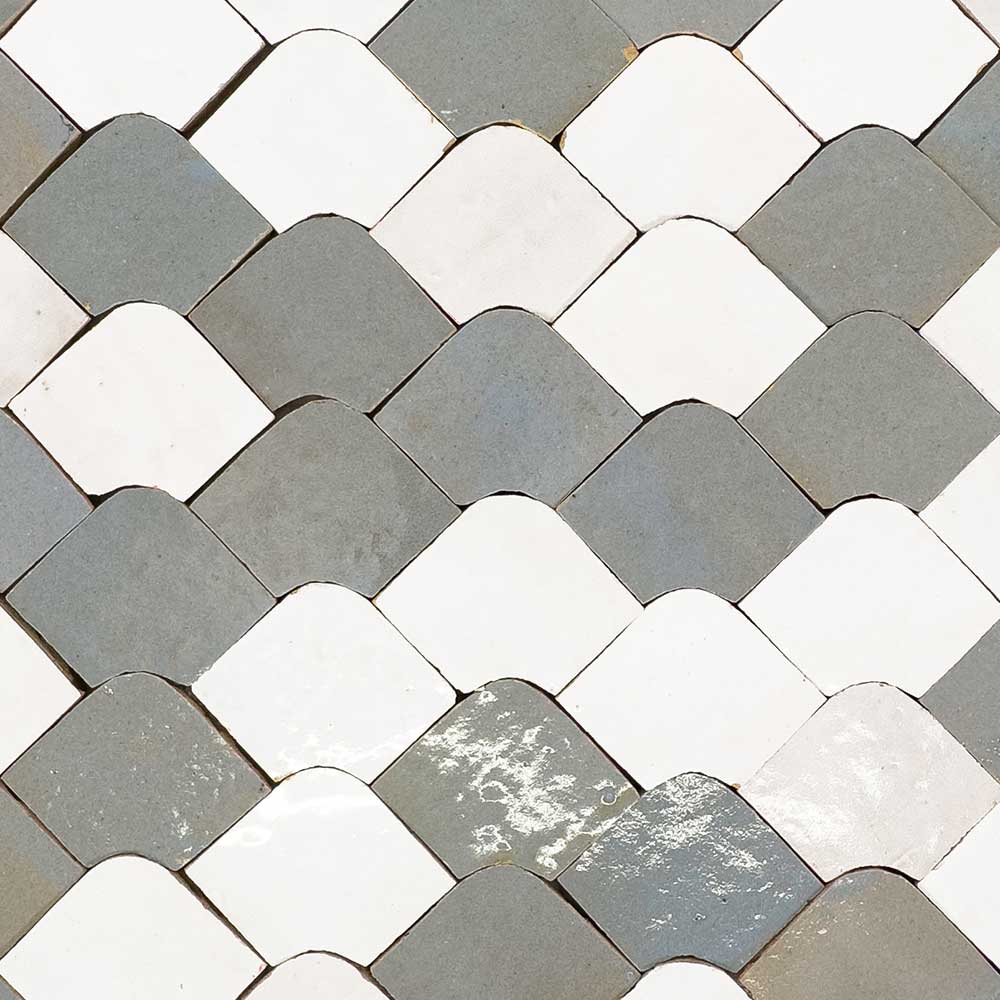 Fez Scallop Zellige Tile in White & Gris