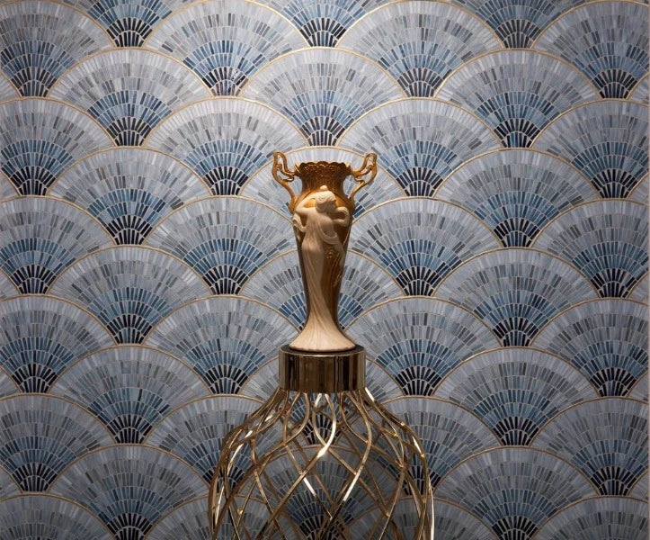 Artistic Tile Fan Club Blue Ombre With Brass Mosaic
