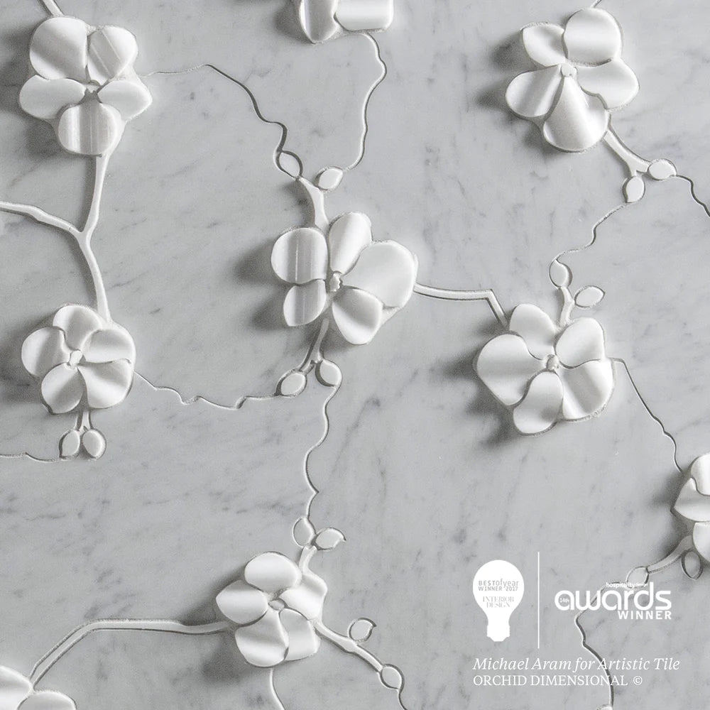 Artistic Tile Orchid Dimensional Bianco Carrara Marble WJ Mosaic